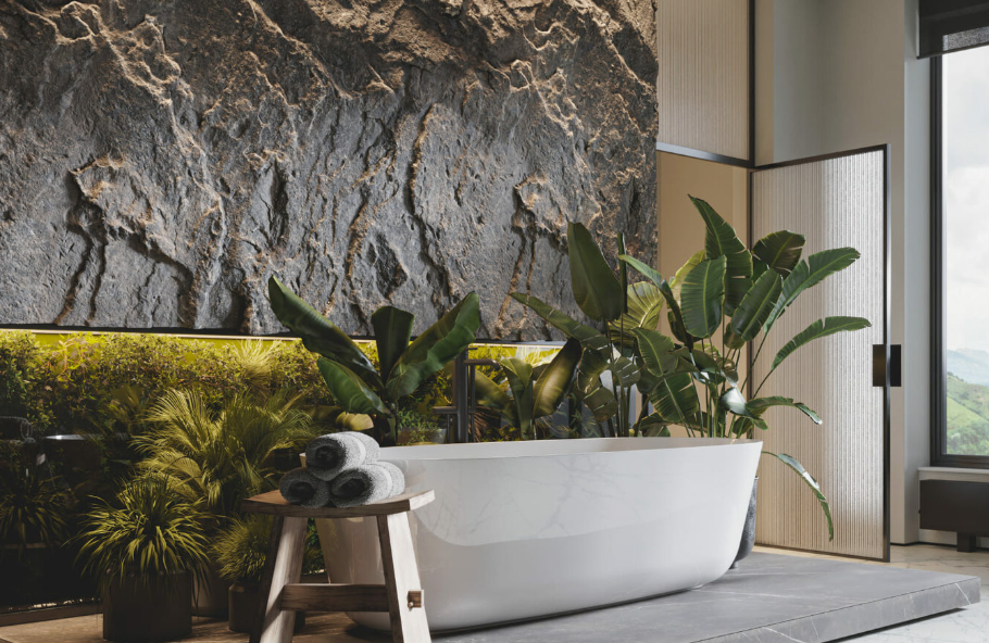 кварцевый агломерат в биофильном интерьере ванной